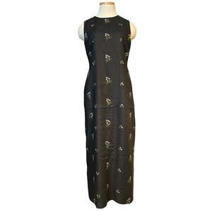 Vtg 90s Talbots Irish Linen Embroidered Maxi Sheath Dress Sz 4 Black Pink Floral